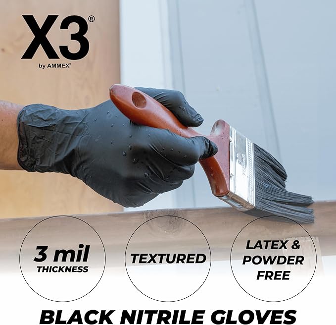 X3 Black Gloves, Disposable, Latex Free, Nitrile, for Cooking, Food Prep, 3 Mil, Powder-Free, Sizes Small through XX-Large