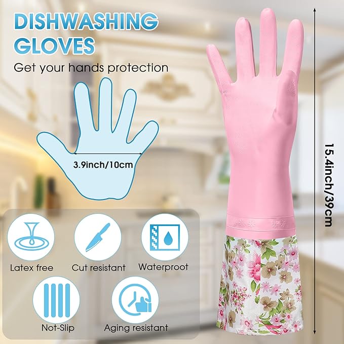 Mimorou 9 Pairs Household Dishwashing Rubber Gloves Long Cuff and Flock Lining Cleaning Gloves Reusable Waterproof