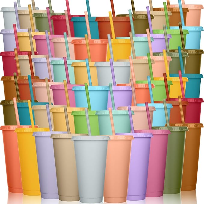 Honeydak 100 Pack Tumbler with Straw and Lid Bulk Water Bottle Iced Coffee Travel Mug Cup Reusable Plastic Cups for Party Birthdays 24-27 oz (Pastel Color)