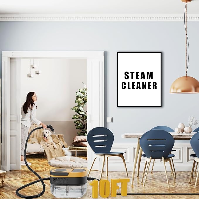 Steam Cleaner - 3-Level Adjustable Handle 15s Heat-Up - Steaming cleaner with 10pcs Accessories - Portable Steam Cleaner for Home for Car, Dirt, Grease, Grout, Tile, Floor, Couch, Furniture-Yellow
