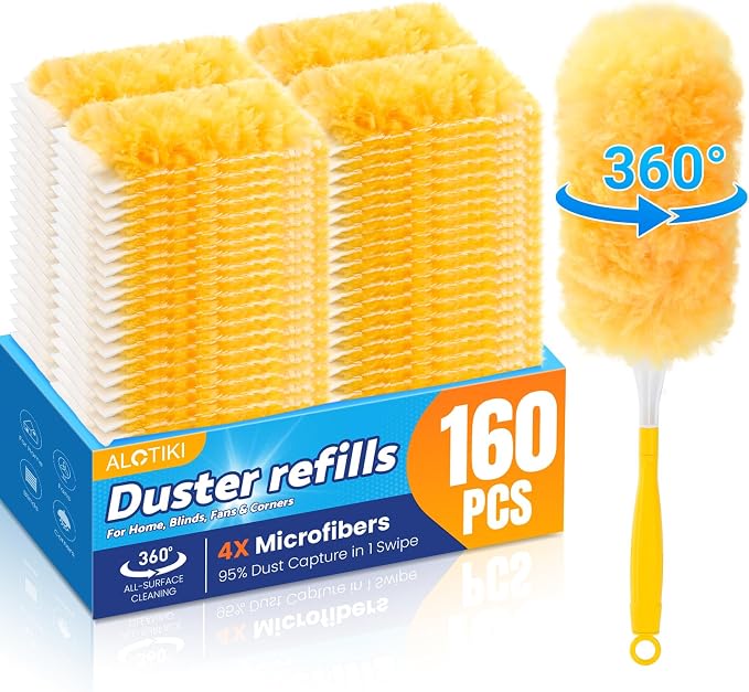 Alotiki Heavy Duty Duster Refills, 160 Count 360° Double-Sided Duster Refill and 4 Yellow Handle, Disposable Dusters Refill for Daily Dust Cleaning, Electronics, Furniture, Blinds, Ceiling Fans