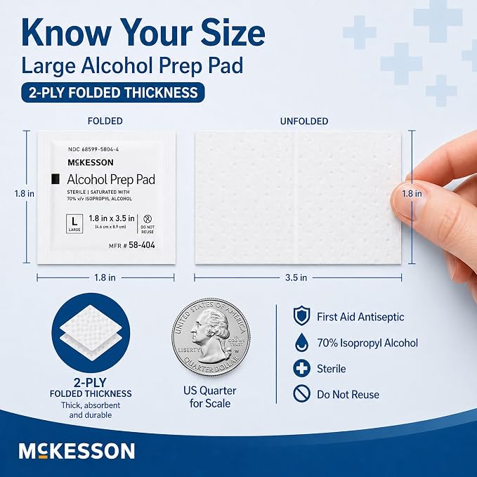 McKesson Alcohol Prep Pads, (1000 Count) - Sterile, Individually Wrapped Wipes, 70% Isopropyl Alcohol, Large Size, 2-Ply, Medical Grade, First Aid, 10 Boxes