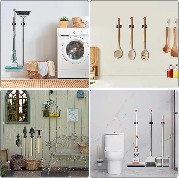 3-H Stainless Steel Broom Holder Wall Mount 12-Pack- Heavy Duty Mop Organizer, Wall Mounted Broom Storage with Secure Mounting for Kitchen Laundry Garage Bathroom (Space Saving)