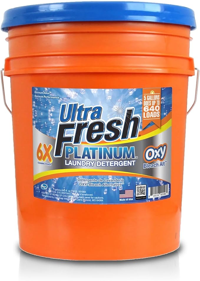 Ultra Fresh 6X Platinum Laundry Detergent, Up to 640 Loads, Bleach Alt, 5 Gallon Bundled with 2 Pack Laundry Detergent Sheets, Fragrance and Dye Free