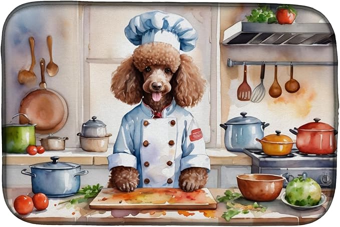 Caroline's Treasures DAC6304DDM Chocolate Poodle The Chef Dish Drying Mat Absorbent Dish Drying Mat Pad for Kitchen Counter Dish Drainer Mat for Countertop, 14 x 21", Multicolor