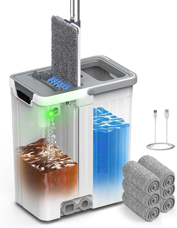 Mop and Bucket Set with AUTO Pump, 3-Zone Separate Dirty and Clean Water, Flat Mop and Bucket System with Wringer and Wheels, 6 Reusable Microfiber Pad, One-Touch Water Filling for Home Cleaning