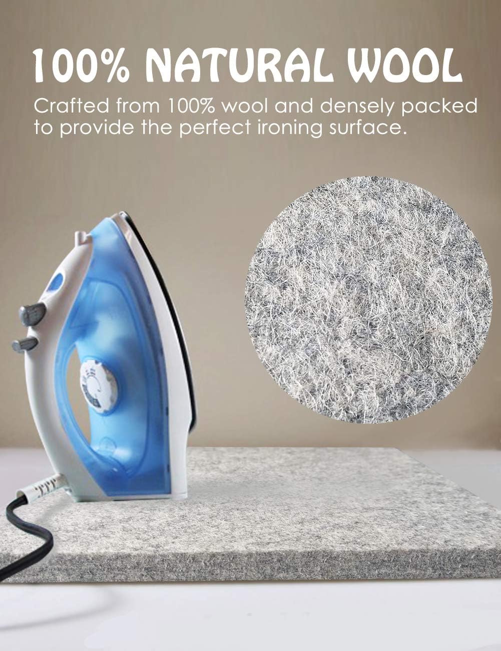 Wool Pressing Mat for Quilting - 9" x 9" Portable Travel Size Felt Ironing Pad 1/2" Thick, 100% New Zealand Wool for Ironing, Sewing, Cutting on Ironing Board, Tabletop, Dryer, Countertop