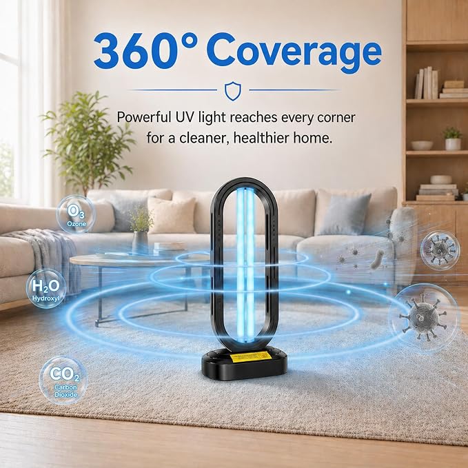 Feefir UV Light Sanitizer,UVC Home Disinfection Device,Portable UV Lamp | 4-Speed Timing and Remote Control ,Ultraviolet Light Sanitizer Effectively Mold Remover and Dust Mites,for Whole Room,Black