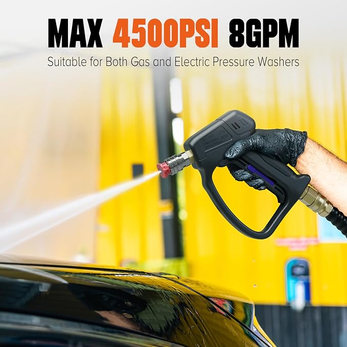 Pressure Washer Gun, Short Pressure Washer Gun for Car Washing Car Detailing 4500 PSI 5 Spray Nozzle M22-14mm & 3/8" Connect 1/4" Quick Connector Coupler for Foam Cannon