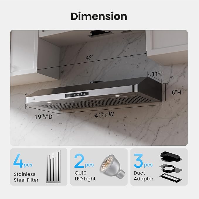 VIKIO HOME Range Hood 42 Inch Under Cabinet, 980CFM Fast Venting Ducted, Kitchen Hood With 3 Speed Gesture Sensing & Touch Control, Stainless Steel Stove Hood With LED Light And 2 Baffle Filters