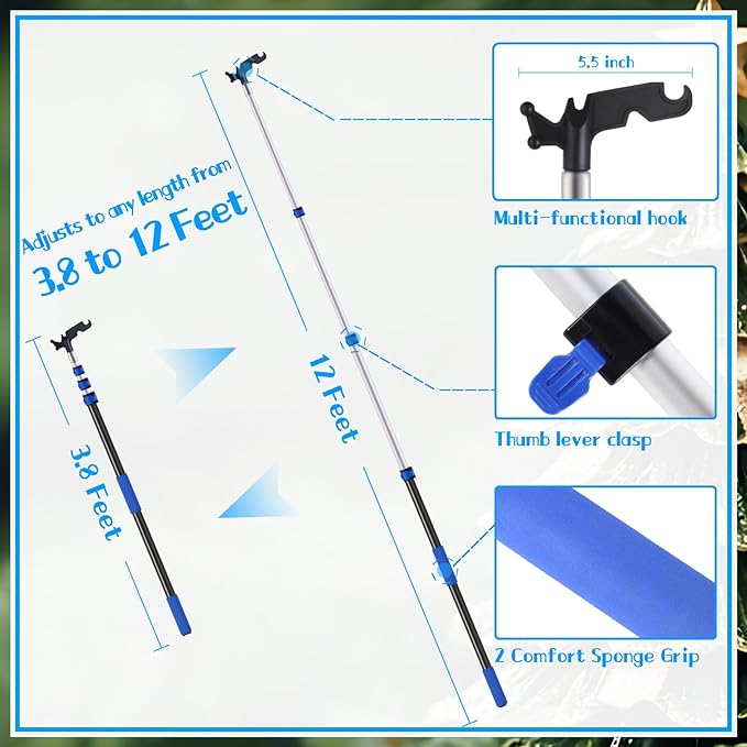 Ladderless Telescopic Poles for Hanging Christmas Lights, 3.8-12 FT Long Extension Pole with Utility Hook, Outdoor String Light Installation Tool, Extend a Reach Rod Kit