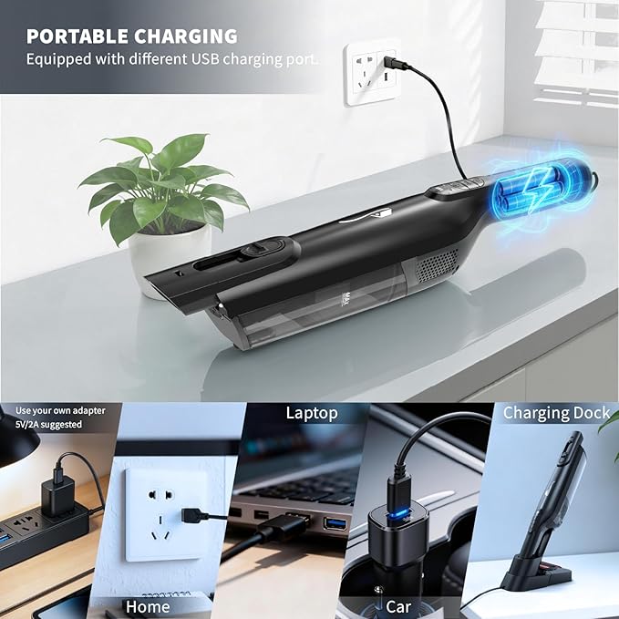 Cordless Handheld Vacuum, Lightweight Portable Hand Vacuum Cleaner with LED Light,Rechargeable Hand Held Vacuum with One-Touch Empty, Powerful Suction for Office, Home,Car, Charcoal