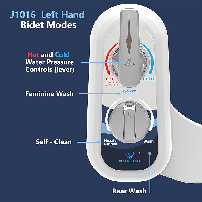 Left Handed Bidet Hot and Cold Water, Self-Cleaning, Dual Nozzle(Frontal & Rear Wash), Left Handed, Non-Electric Warm Water Bidet Attachment for Toilet Seat, Adjustable Water Pressure