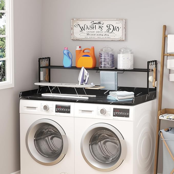 Lifewit Washer Dryer Countertop with Adjustable Shelf, Melamine Cover for The Top with Edge Rails, Towel Rack for Laundry Room Storage and Organization, Hold 200lbs, Black Marble, 54" x 27.5"