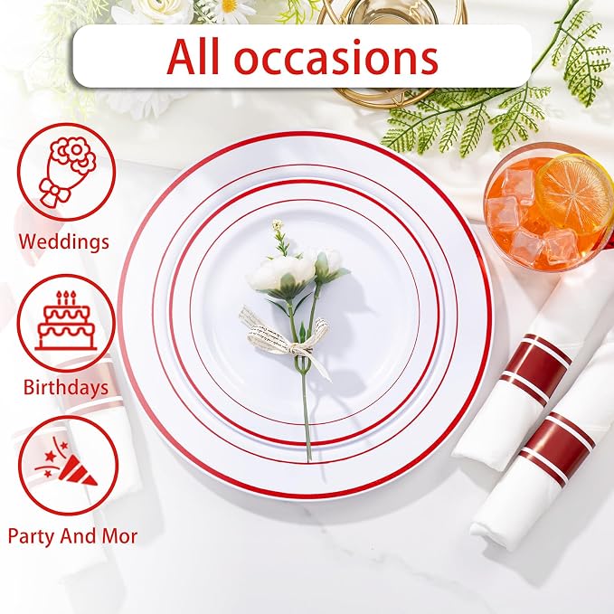 WELLIFE 350-Piece Red Plastic Party Dishware Set - 50 Dinner Plates, 50 Dessert Plates, 50 Cups, 50 Plastic Cutlery