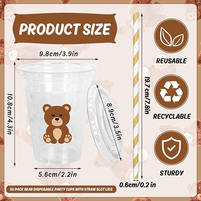 Whaline 50 Pcs Bear Disposable Plastic Cups with Lids and Straws 12 Oz Cute Brown Bear Cold Beverage Drinking Cups for Baby Shower Birthday Party Supplies