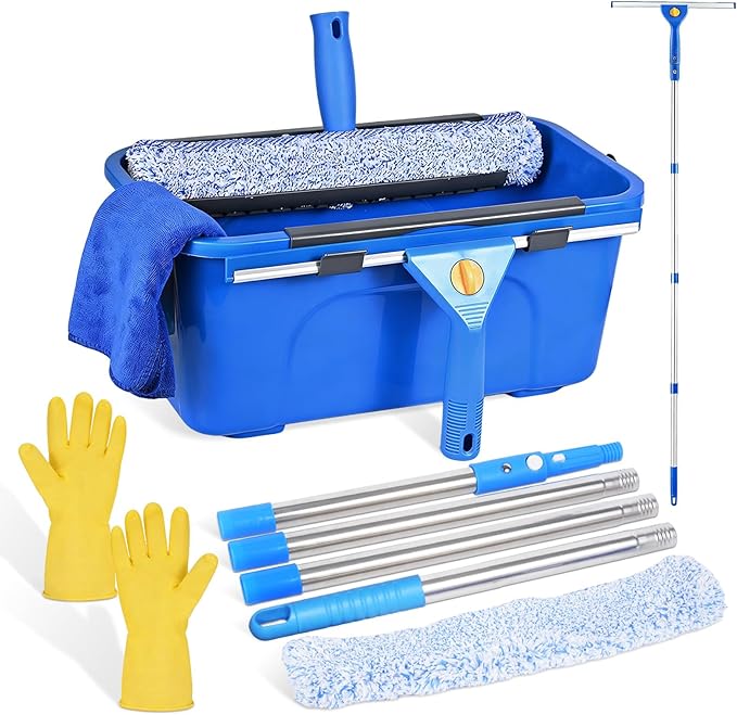 Professional Window Cleaning Kit, Window Washing Kit with 3 Gallon Bucket, 14-Inch Squeegee & 15-Inch Scrubber, 61-Inch Extendable Pole, Window Cleaning Equipment for Home & Commercial (61 inch-2)