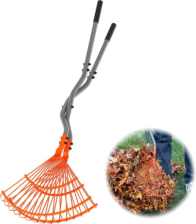 Leaf Grabber Rake with Long Handles, Leaf Collector Pickup Rake for Yard Cleanup, No Bending Garden Rake for Leaves, Grass Clippings, Pine Needles and Lawn Debris