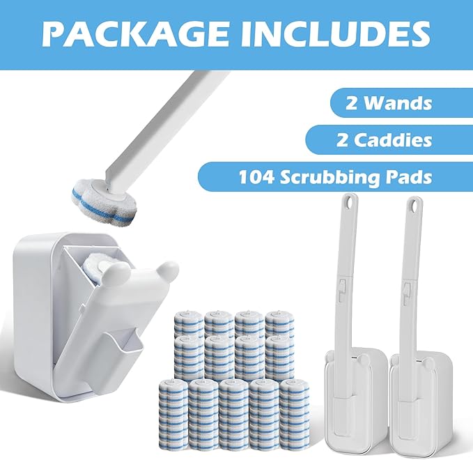 Disposable Toilet Brush Cleaning System, 2pcs Wands with 104pcs Replacement Heads,Stick for Toilet Cleaning,Wands with Refills Pads,Wall Mounted Toliet Wand for Bathroom,Toilet Brush and Holder