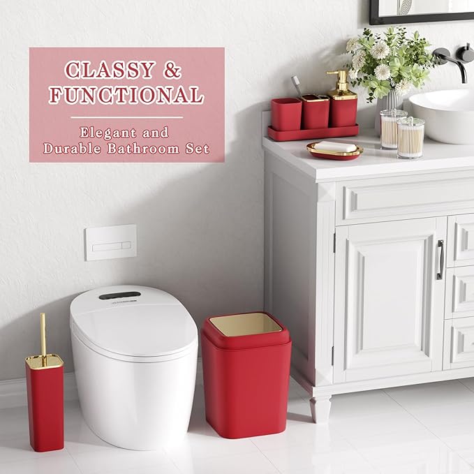 XLHOMO Burgundy Bathroom Accessories Set with Shower Curtain and Rugs, Dark Red Bathroom Accessories with Trash Can,Toothbrush Holder and Cup,Soap Dispenser,Tray,Soap Dish,Toilet Brush,Qtip Holders