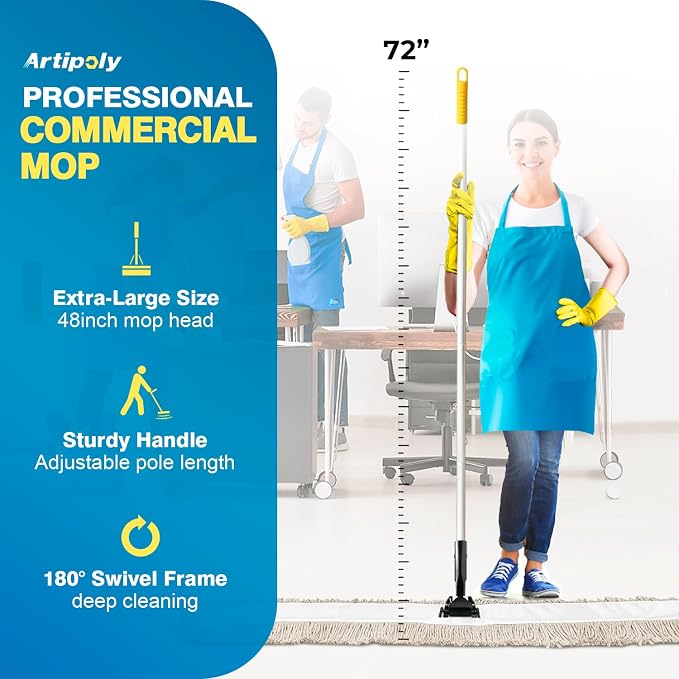 ARTIPOLY Commercial Dust Mop & Floor Sweeper，55" Industrial Dry Mop with Heavy Duty Long Handle, Premium Cotton Dust Mop Head for Hardwood Floors, Industrial, Commercial, and Residential Cleaning