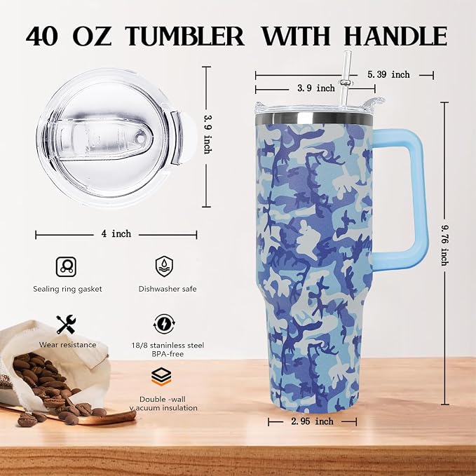 Ceovfoi 40oz Blue Camo Tumbler with Handle Lid Straw, Vacuum Insulated Coffee Mug Water Bottle, Camouflage Decor Gifts for Men Women