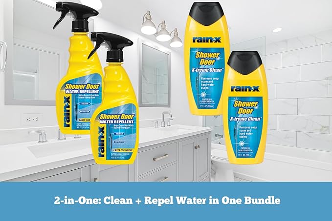 Rain-X Shower Door Care Bundle: 12 Fl. Oz X-Treme Clean Glass Cleaner & 16 Fl. Oz Water Repellent for Soap Scum & Hard Water Protection (Pack of 2 Each)