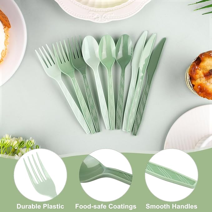 Kochorie 360 Pieces Gradient Sage Green Plastic Cutlery Set Disposable Plastic Utensils Heavy Duty Flatware Set Includes 120 Knives 120 Forks 120 Spoons for Birthday Wedding Baby Shower Party, Picnic