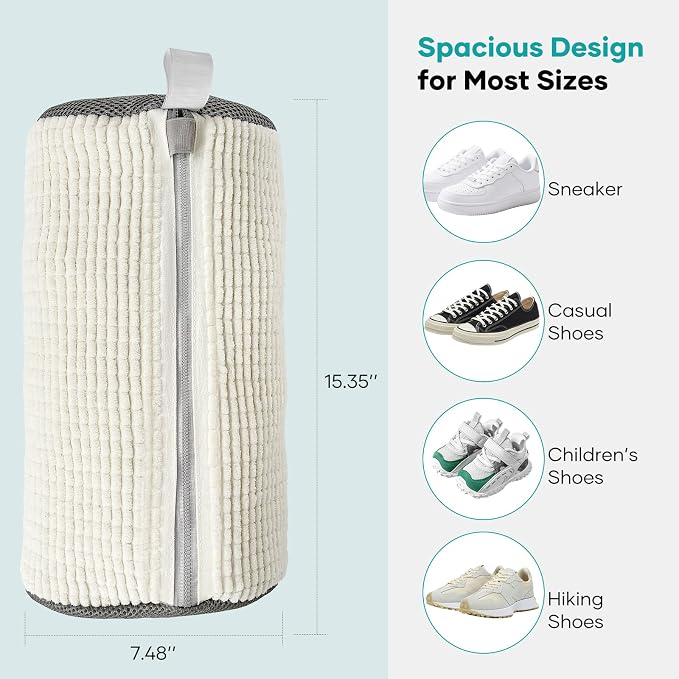 Shoe Washing Machine Bag for Washer & Dryer, Large Shoe Bag for Washing Machine Plush Fibers laundry Bag for Sneakers, Tennis Shoes and Gym shoes, White (2PCS)