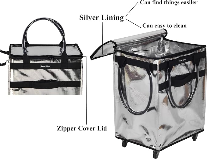 Reusable Grocery Bag On Wheels Large Capacity Shopping Trolley Foldable Rolling Tote Bag with Heavy Duty Handle for Travel (Silver, Medium)