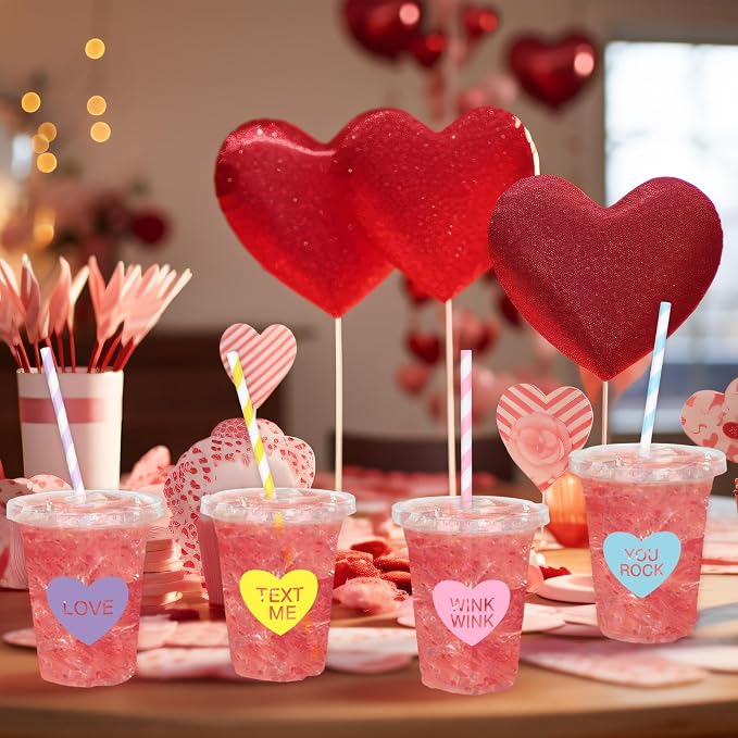 Whaline 60 Sets Valentine's Day Disposable Plastic Cups with Lids and Straws 12oz Conversation Heart Theme Party Cups Candy Heart Beverage Drinking Cup for Anniversary Wedding Birthday Dinner