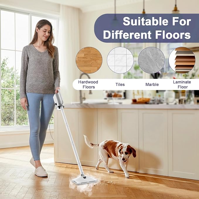 6-in-1 Steam Mop, 1200W Rotated Steam Cleaner for Home, 2 Modes, 400ML Removable Tank, 23FT Power Cord, 2 Pads, Multi-Surface Steamer for Hard Floor, Laminate Floor, Tiles Cleaning (White Silk)