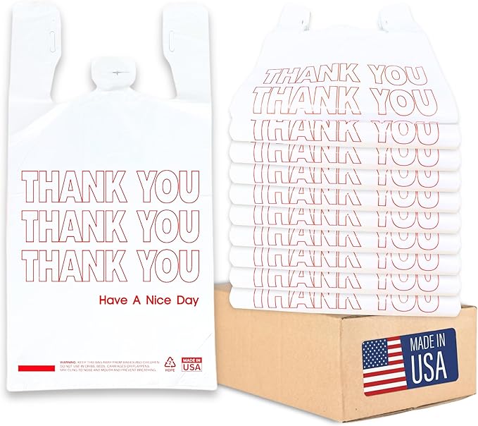 Bulk Thank You T-Shirt Bags (1000 Count) | White Plastic Shopping Sacks with Handles – Reusable for Grocery, Retail, Takeout, Merchandise & Small Trash Liners (11.5" x 6.5" x 21")