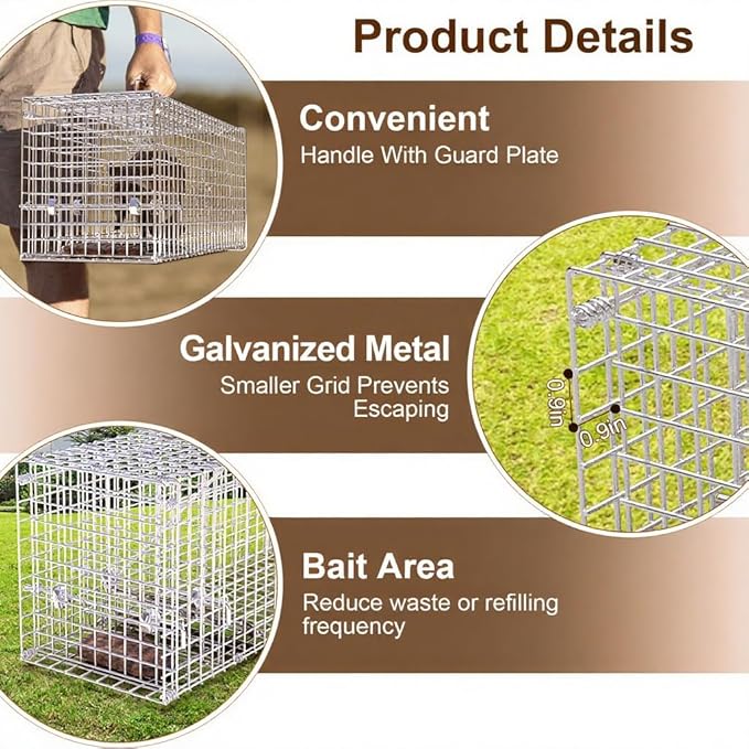 Live Humane Animal Trap Cage Cat Trap Folding Catch and Release for Raccoons Opossums Skunks Feral Cats Squirrels Rabbit 25.59Inch