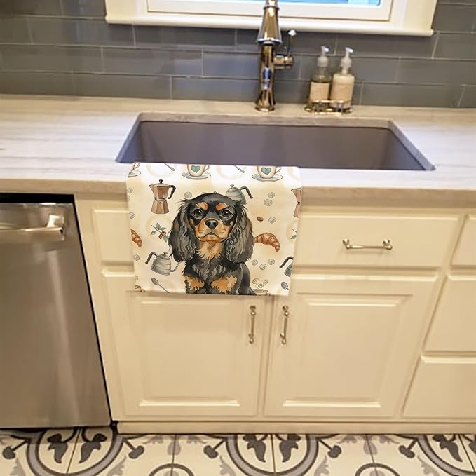 Caroline's Treasures Black and Tan English Toy Spaniel Coffee Bar Kitchen Towel Velour Plush Front and Cotton Loop Back Machine Washable
