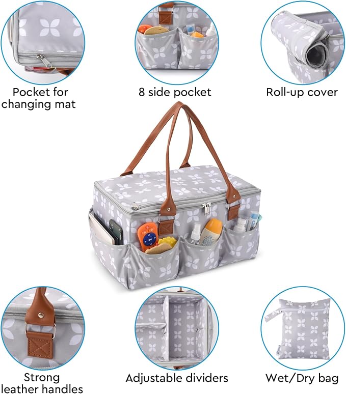 Moteph Diaper Caddy with Changing Mat, Large Baby Diaper Caddy Organizer with Lid, Portable Organizer Basket for Baby Essentials, Roll-Up Lid, Built-In Changing Mat Pocket