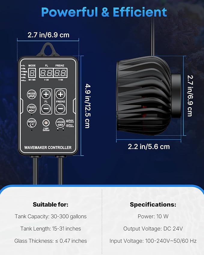 Pawfly Wave Maker for Aquariums 2100 GPH, Aquarium Powerhead DC 24V 10W, Aquarium Circulation Pump With Magnetic Base, Wavemaker for 30-300 Gallon Freshwater Saltwater Tank