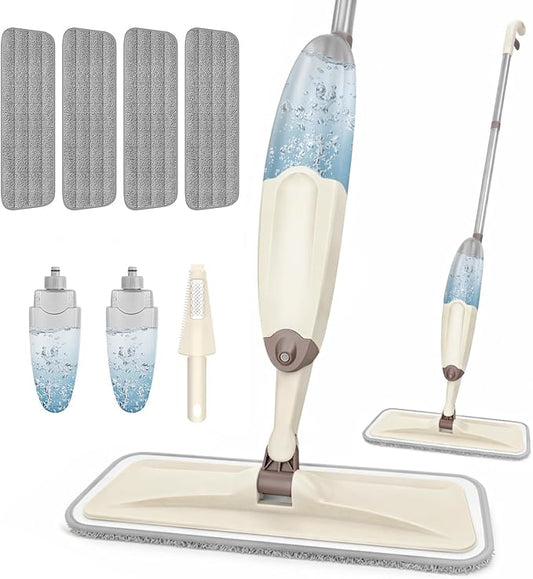 HOMTOYOU Wet Spray Mop for Floor Cleaning with 2 Bottles and 4 Washable Pads