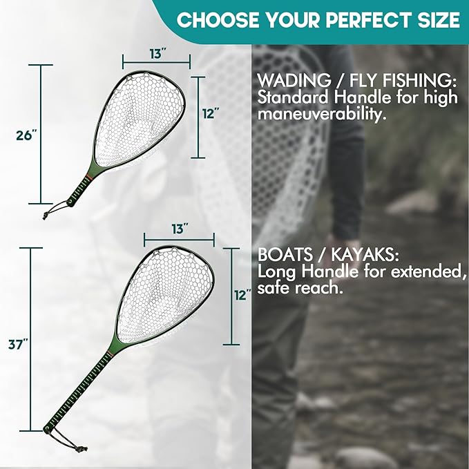 Riverruns Fly Fishing Landing Net Carbon Fiber Trout Net with Measurement Handle, Soft Rubber Mesh - 26" Standard (Wading) / 37" Long (Kayak)