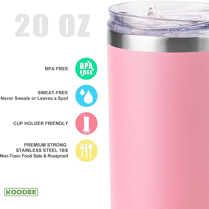 koodee 20 oz Skinny Tumbler (2 Pack) Stainless Steel Double Wall Insulated Water Cup with Straw, Slim Travel mug for Women Diy Birthday Gift (Baby Pink-White)