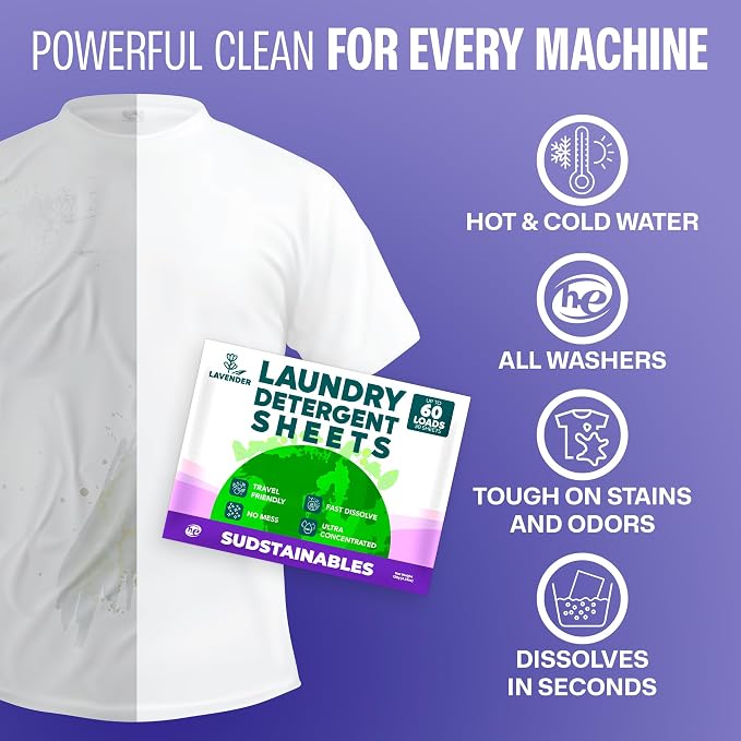 Sudstainables Laundry Detergent Sheets 60 Loads – Dissolvable Laundry Sheet for Washing Machines, Compact Alternative to Liquid & Powder Detergent, Travel-Friendly Soap | Lavender