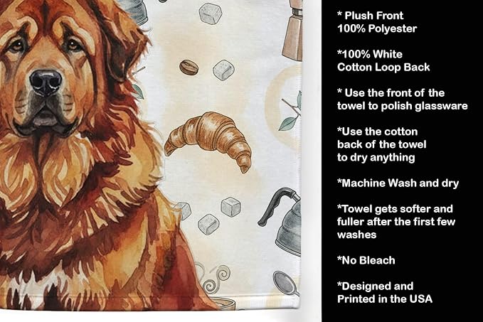 Caroline's Treasures Red Gold Tibetan Mastiff Coffee Bar Kitchen Towel Velour Plush Front and Cotton Loop Back Machine Washable