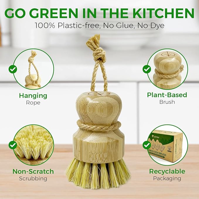 AIRNEX 40 Count Compost Bags for Countertop Bin 13 Gal & Bamboo Dish Brushes Set of 3-100% Compostable Trash Bags made of Cornstarch - Medium Stiff Sisal &Strong Blend of Coconut Bristles Brushes