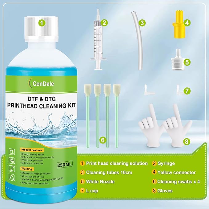CenDale DTF Cleaning Kit - 250ML DTF Printer Cleaning Solution, Universal Print Head Cleaner Kit for Any DTF & DTG Printers, Print Head DTF Cleaning Solution for Epson ET8550 L1800 XP600 Ink Printer