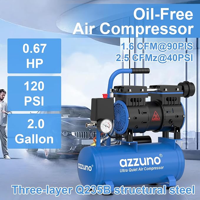 AZZUNO 2 Gallon Air Compressor, 1.6CFM@90PSI Oil Free Air Compressor Tank & Max.116PSI Pressure, 60 dB Ultra Quiet Compressor for Auto Repair, Tire Inflation, Spray Painting, Woodwork Nailing