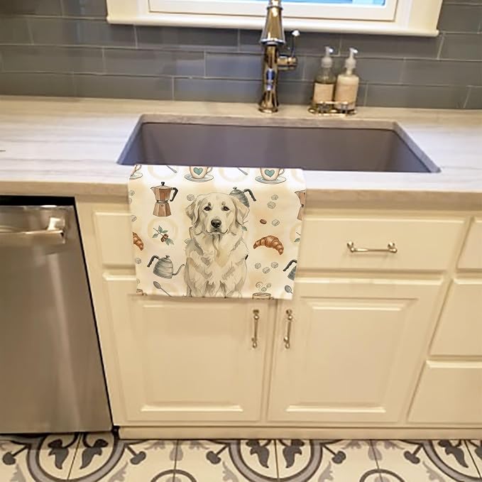 Caroline's Treasures White Great Pyrenees Coffee Bar Kitchen Towel Velour Plush Front and Cotton Loop Back Machine Washable