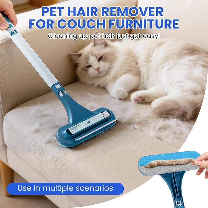 2-in-1 Screen Cleaning Brush with Squeegee - Window Mesh Cleaner & Pet Hair Remover for Couch, Multi-Use Crevice Tool for Patio and Porch Screens (Cyan Blue)