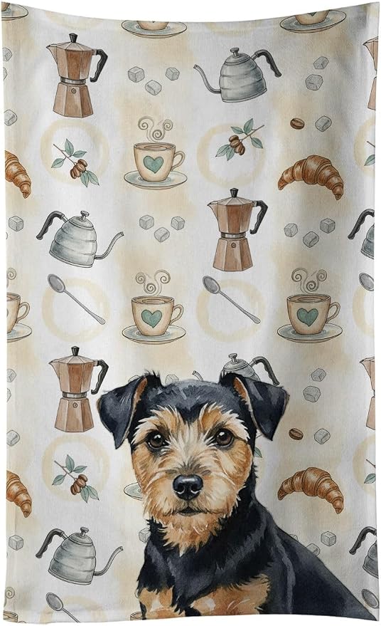Caroline's Treasures Black and Tan Norfolk Terrier Coffee Bar Kitchen Towel Velour Plush Front and Cotton Loop Back Machine Washable