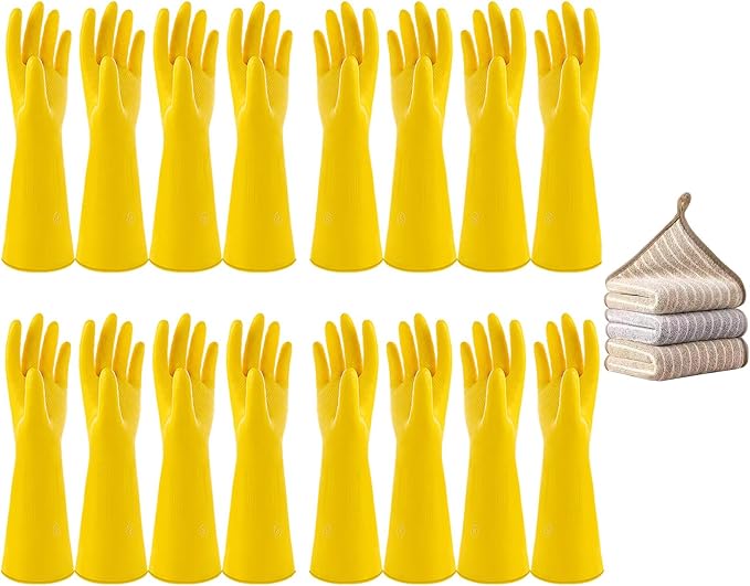 8 Pairs Reusable Household Cleaning Gloves, Rubber Kitchen Dishwashing Gloves, Extra Thickness, Long Sleeves, for Washing Dishes, Pet Care, Small, Yellow