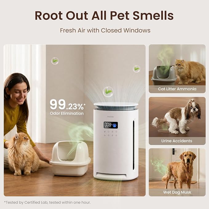 Provirtec Pawtent Pet Air Purifier, 1-Year Filter Life, 99.23% Pet Odor & 99.97% Allergies & 99.70% Pet Hair Reduction, H13 True HEPA, Large Room up to 1800 ft², Auto Mode for Cats Dogs Home